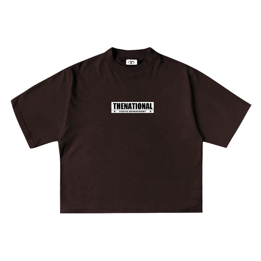 Box Label Tee in Dark Brown, front