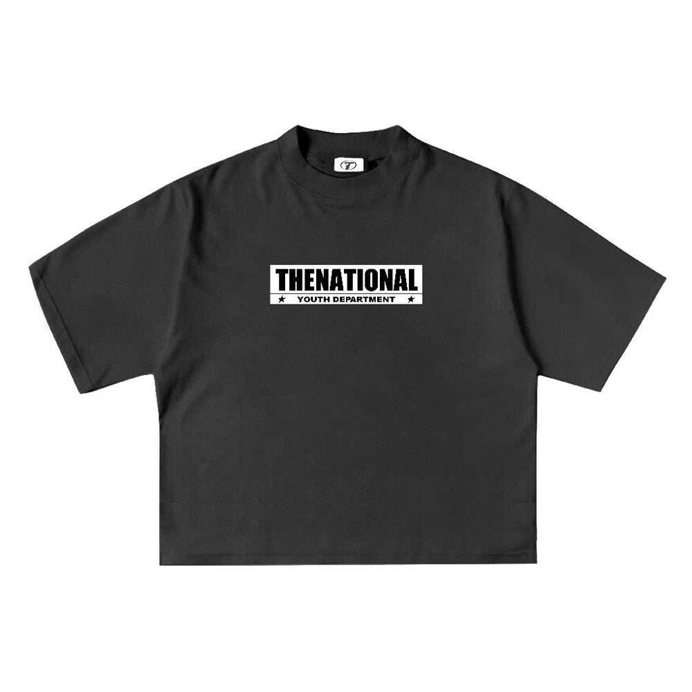 Box Label Tee in Dark Grey, front