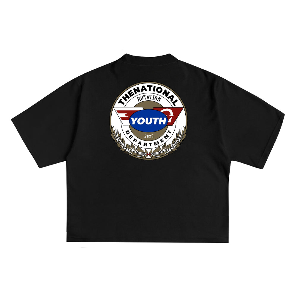 Youth Badge Tee in Black, back print