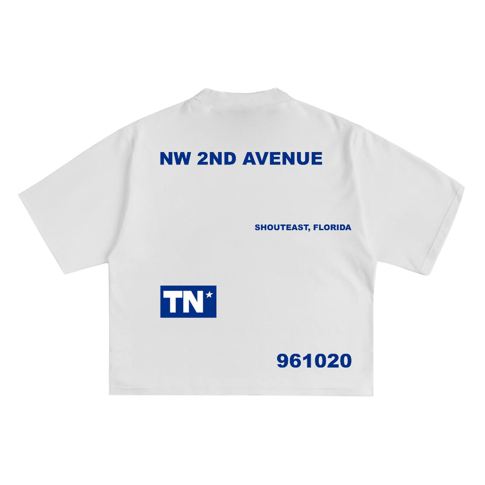 2nd Avenue Tee in White with blue lettering