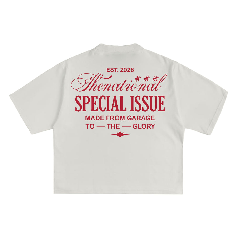 Special Issue Tee in off-white with red serif back print
