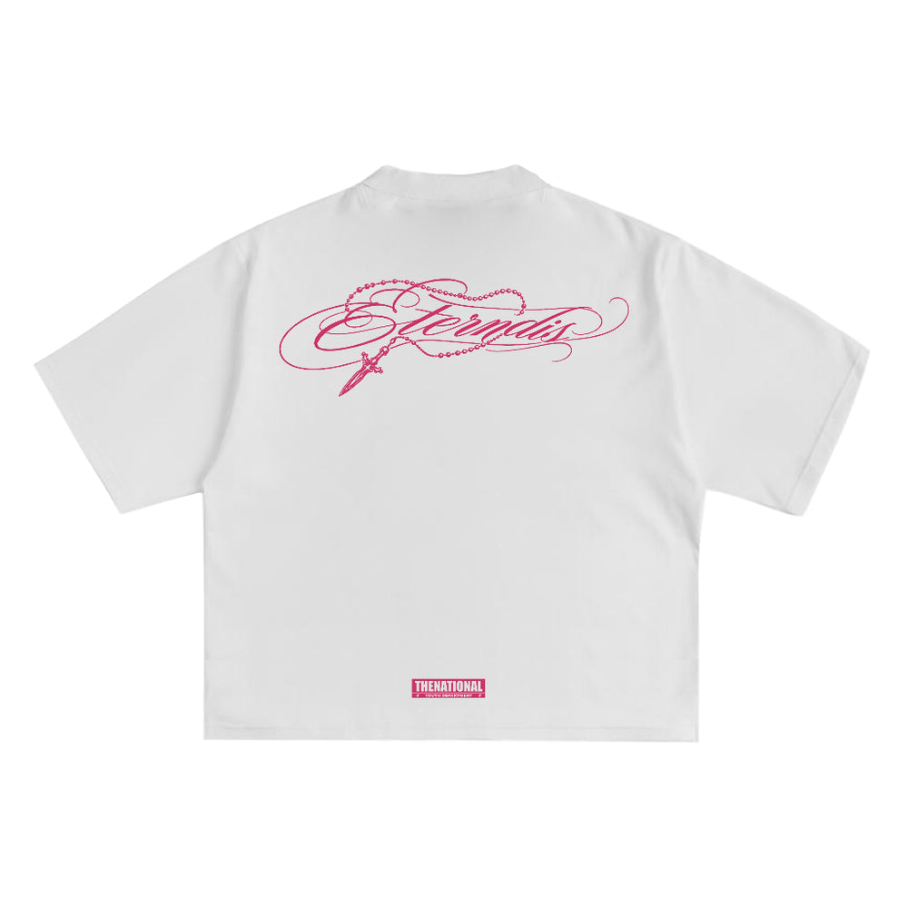 Pink Script Tee in White, back